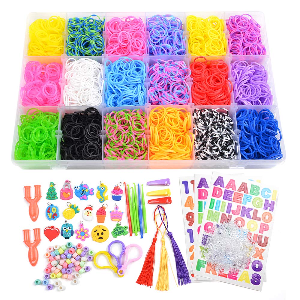 7100+ Rainbow Rubber Bands Mega Refill Kits For Bracelets, Loom Rubber Bands Set Include:6500+ Loom Bands + 600 Clips + 6 Crochet Hooks + 50 Beads + 15 Charms + 3 Tassels +3 Backpack Hook + 3 Hair