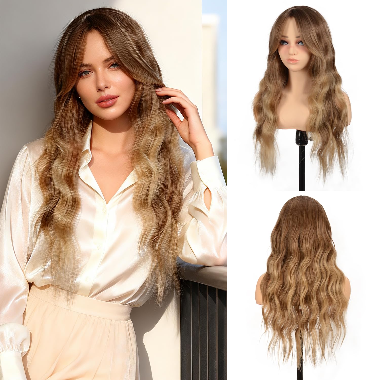 Photo 1 of BrittyHair Honey Blonde Wig for Women 26 Inch Long Honey Blonde Wig with Curtain Bangs Heat Resistant Synthetic Curly Wigs Natural Looking Wavy Wig for Daily Party Halloween Cosplay Use