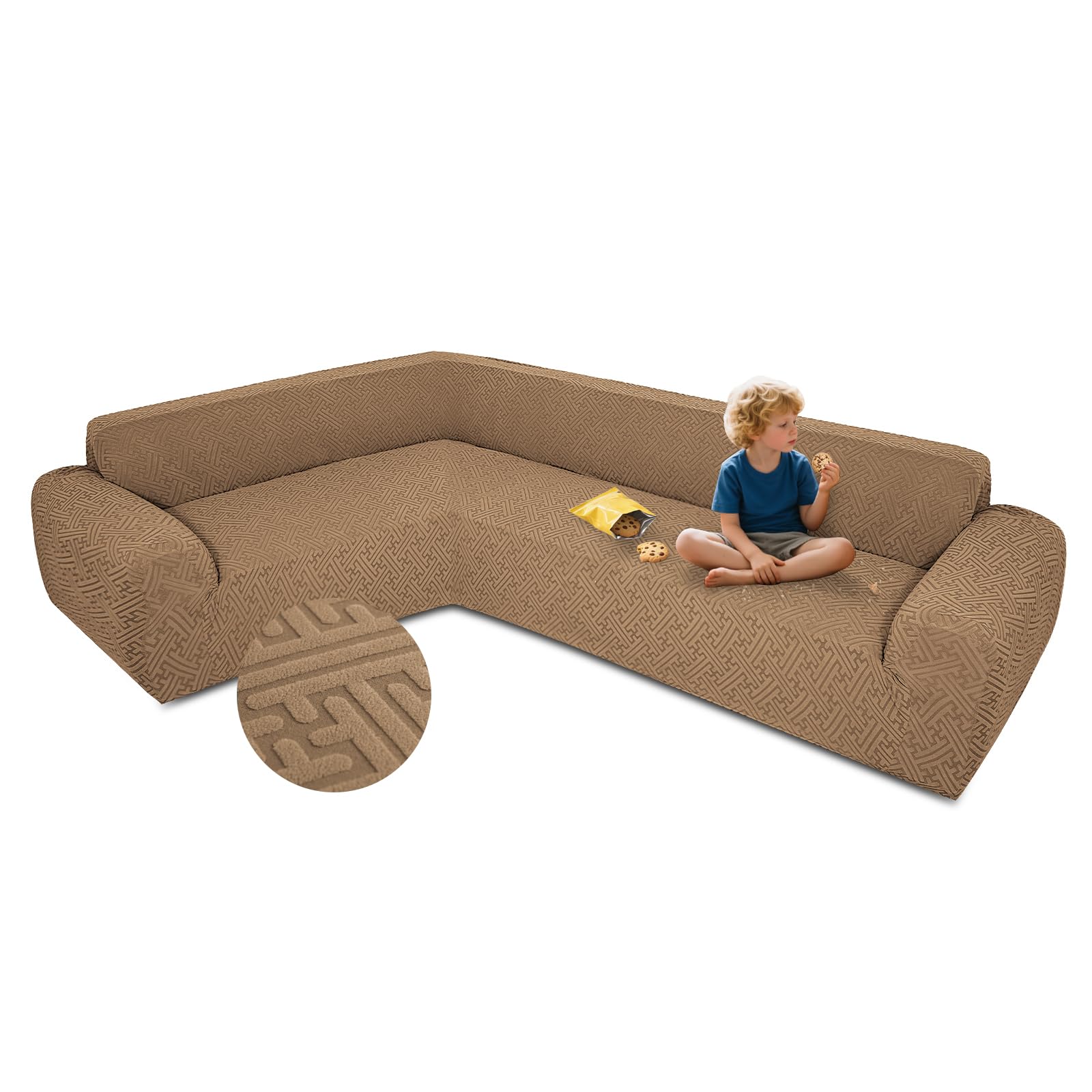 Photo 1 of ROFASVCO Stretch Sectional Couch Covers L Shape Sofa Cover Washable Corner Sofa Slipcovers for Modular Sectional for Living Room Pets Kids Jacquard Fleece Non Slip ?X-Large, Light Coffee