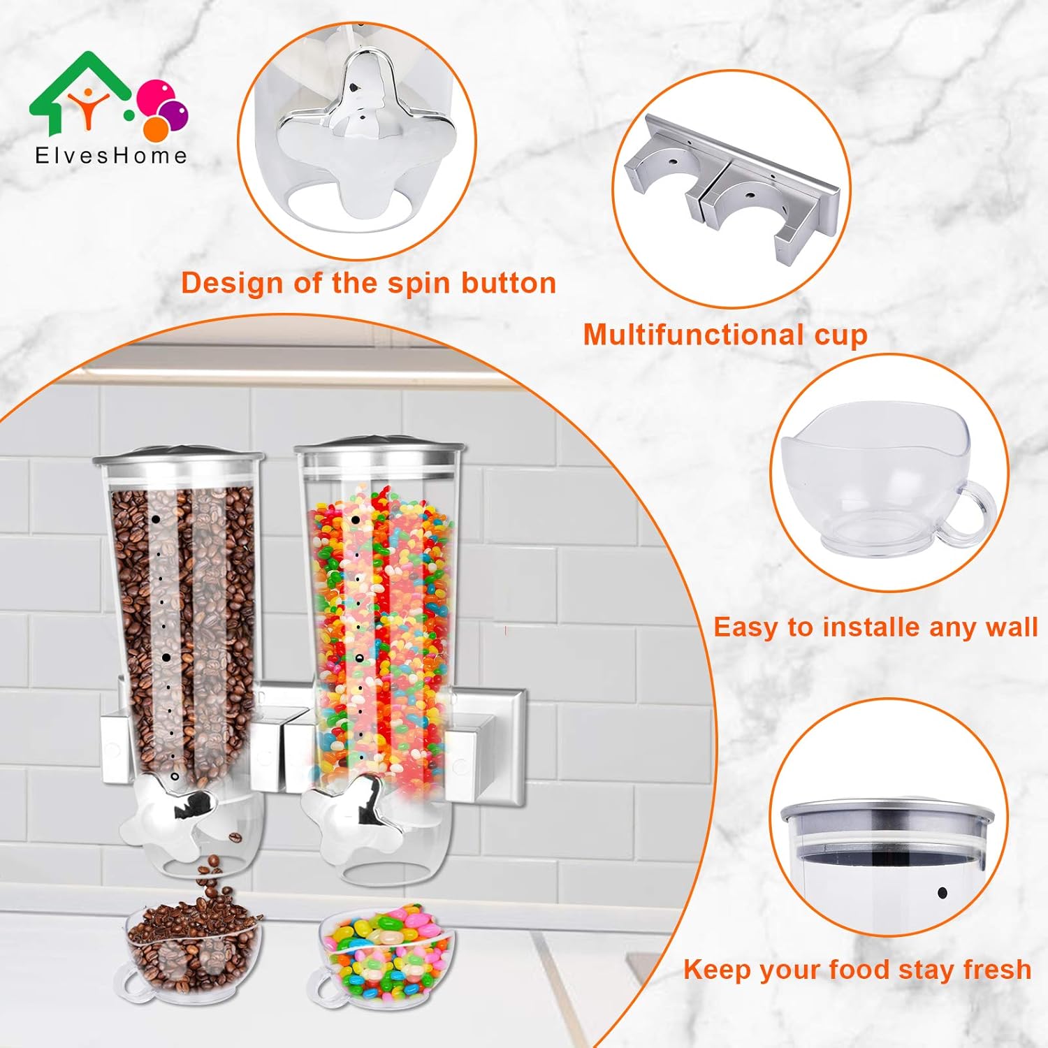 2PK Food Dispenser Wall Mount Double Dry Cereal Dispensers with 2 Cork& 2 Cup Convenient Storage Dual Control for Nuts Coffee Beans Trail Mix Candy Granola Rice Pasta Container 7.5Oz Each Cereals Bank: Kitchen & Dining