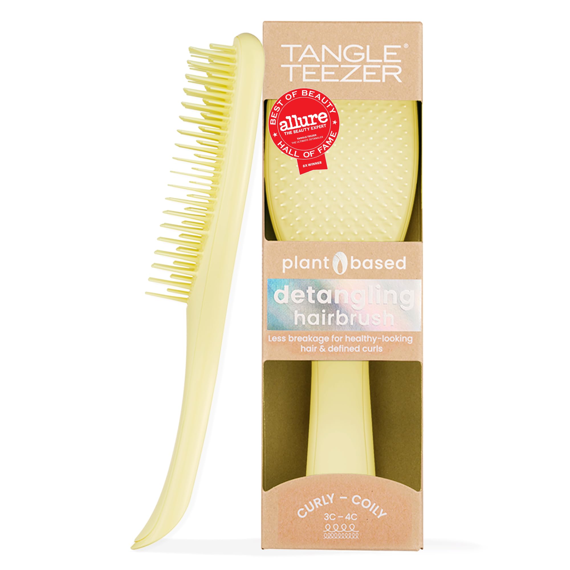 Tangle Teezer Plant Based Ultimate Detangler - Detangling Brush for 3C-4C Curly Coily Hair - Two-Tiered Teeth Define Curls & Reduce Frizz - Pastel Lemon