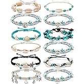 Tornito 12Pcs Shell Turtle Ankle Bracelets Handmade Seashell Bead Starfish Cowrie Dolphin Adjustable Layered Anklets for Women Boho Hawaii Summer Beach Foot Jewelry