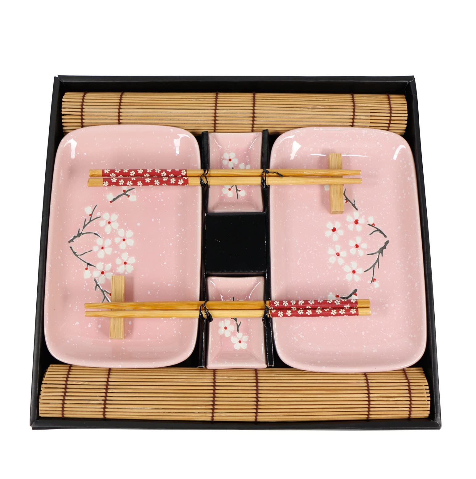 EXZACT Sushi Plate Set 10pcs - 2 x Sushi Plates, 2 x Dip Bowls, 2 x Placemats, 2 x Chopsticks Rests, 2 Pairs of Chopsticks - Highquality Porcelain - Gift Box - Pink