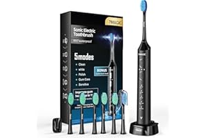 7MAGIC Electric Toothbrush for Adults, Sonic Toothbrush with 3 Intensity Levels & 5 Modes, One Charge for 90 Days, Rechargeable Electric Toothbrush with 6 Toothbrush Heads & 40,000 VPM Deep Clean(Black)