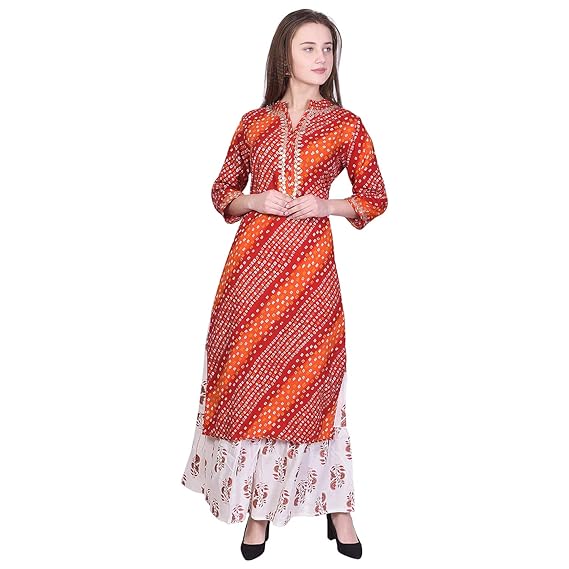 Women's Rayon Straight Bandhej Print Red::Orange Kurti With Palazzo (AVC54_Red::Orange)