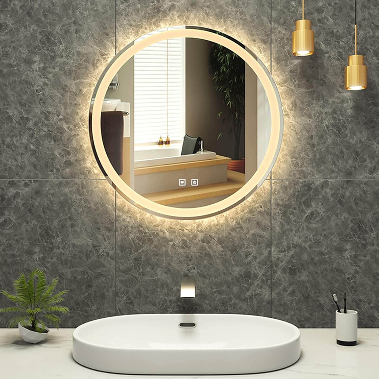 Wowdawn Modern Round Illuminated Bathroom Mirror with LED Lighting