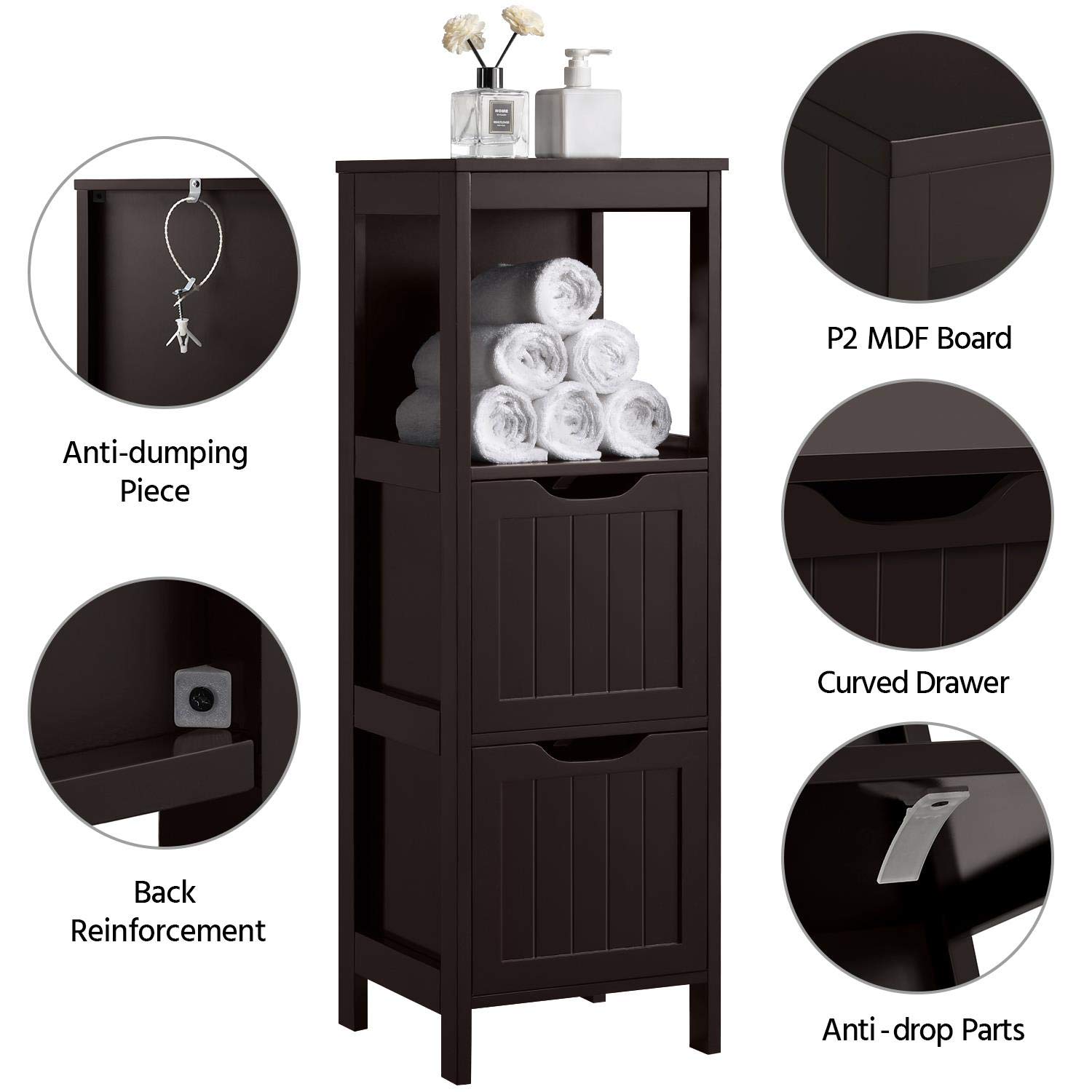 Yaheetech Bathroom Floor Cabinet, Wooden Storage Cabinet With 2 Drawers ...