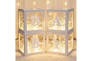 Lovelite Baby Boxes with Letters for Baby Shower, 4 Clear Baby Balloon Boxes with LED Fairy String Lights for Gender Reveal Decorations Boys Girls Birthday Wedding Party Backdrop, White