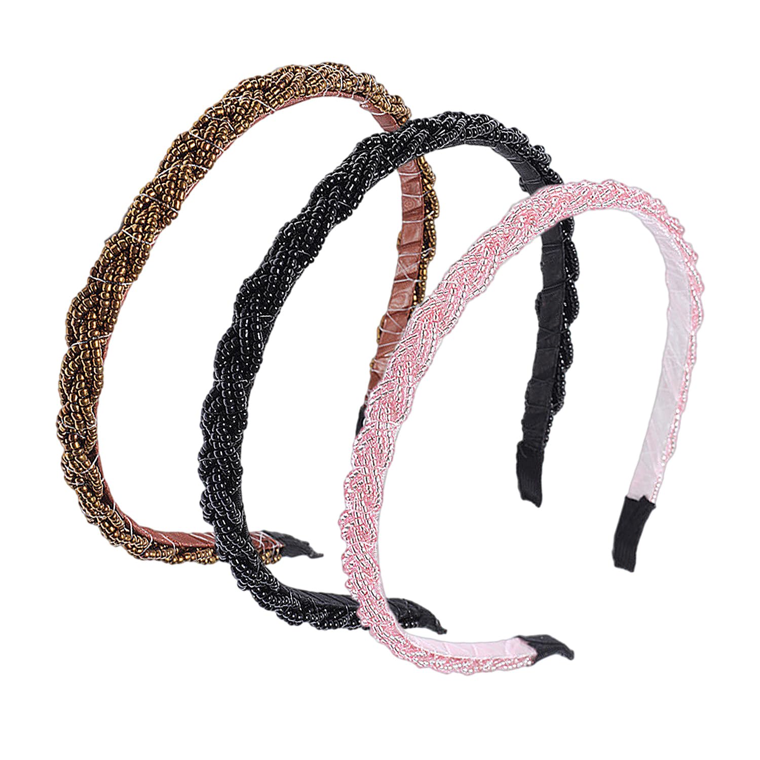 3 Pieces Braided Hair Accessories for Women, Twisted Pearl Headbands, Non-slip Hair Ties, Elastic Twisted Women's Headbands, Suitable for Girls' Daily Wear (Coffee, Black, Dark Pink)