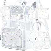 ZLYERT 17" Daisy Clear Backpack for Girls - Flip Design Stadium Approved 3Pcs Set, Heavy Duty PVC Bookbag for Concert/School (White)