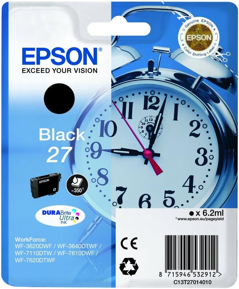 Epson 27 Black Alarm Clock Genuine, DuraBrite Ultra Ink Cartridge, Standard Capacity, IND Black