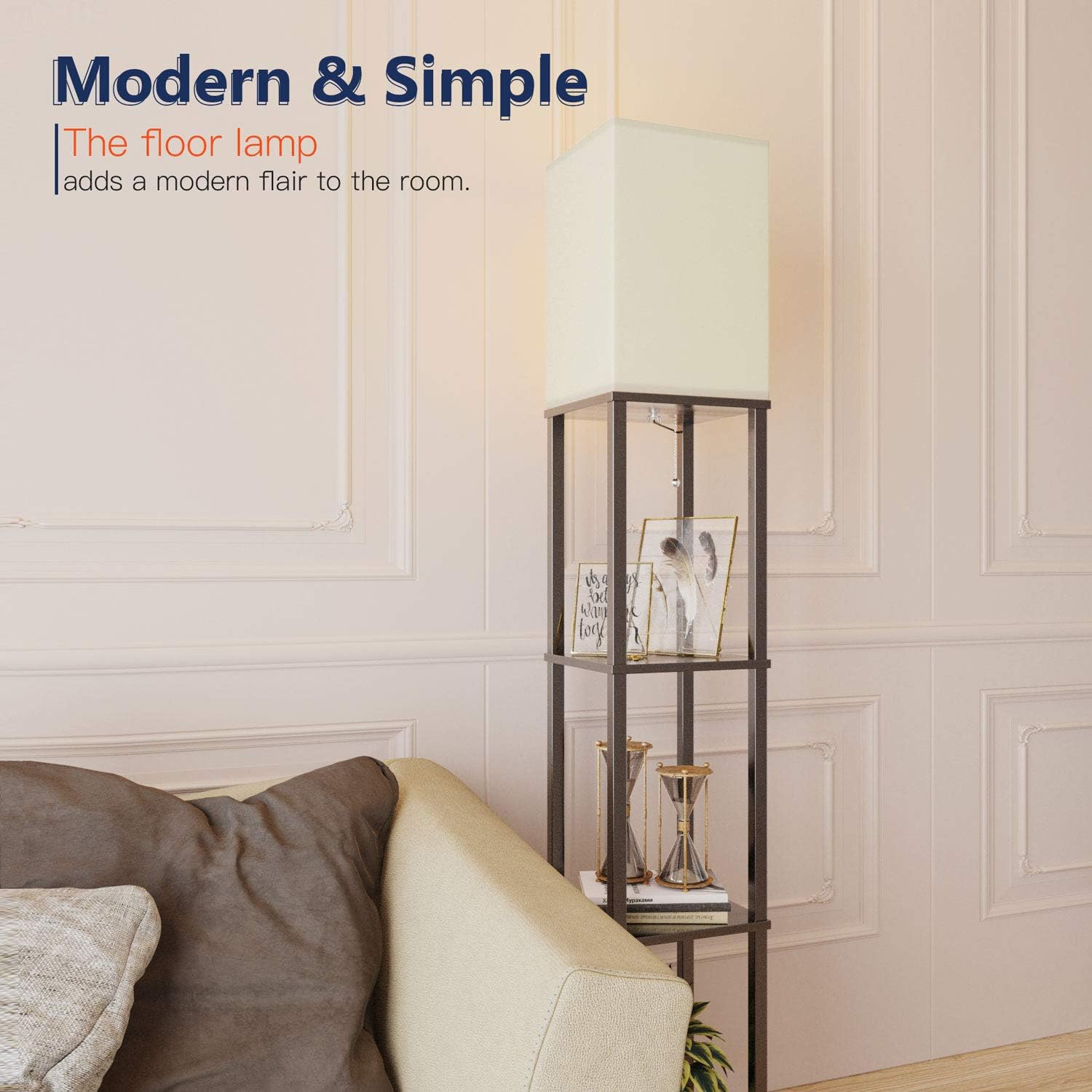 Addlon LED Modern Shelf Floor Lamp with White Lamp Shade and LED Bulb - Display Shelves Floor Lamps for Living Room Bedroom and Office - Classic Black: Home Improvement