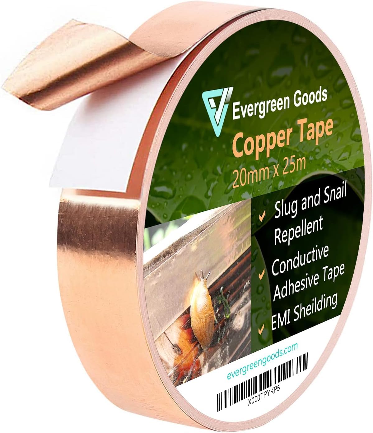 EVG Evergreen Goods Copper Tape Slug Repellent UK | 20mm (W) x 25m (L) Slug Copper Tape Roll - Humane Pest Control Solution - Slug, Snail, Insect Deterrent