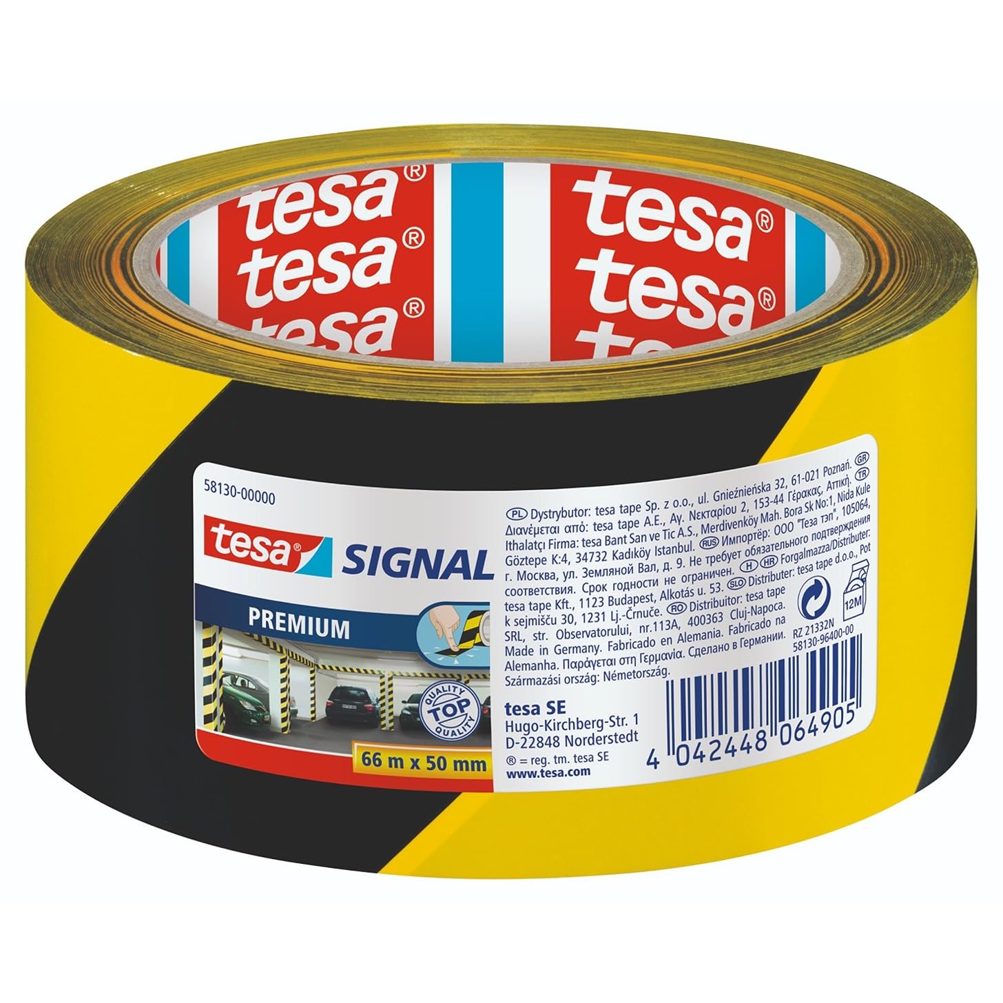 tesa Signal Premium Adhesive Marking and Warning Tape - Permanent Hazardous Area Marking and Signage - Robust PVC - Black / Yellow - 66 m x 50 mm