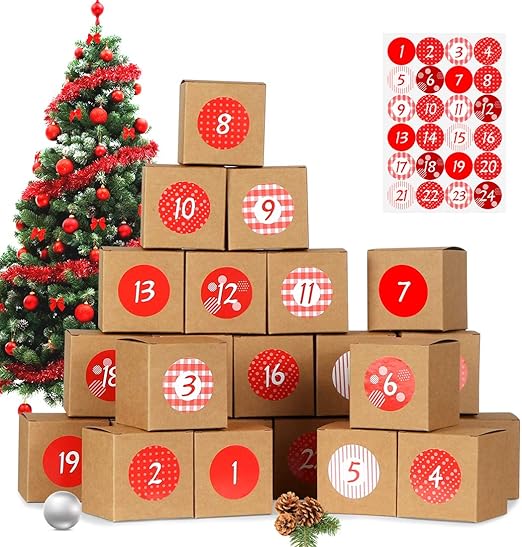 Advent Calendar Box, 24 Advent Calendar Stickers, 24 Christmas Kraft