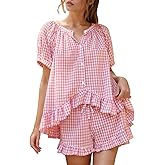 Flygo Womens Gingham Pajamas Set 2 Piece Cotton Pj Lounge Sets Puff Sleeve Ruffle Babydoll Shirt Shorts Summer Outfits
