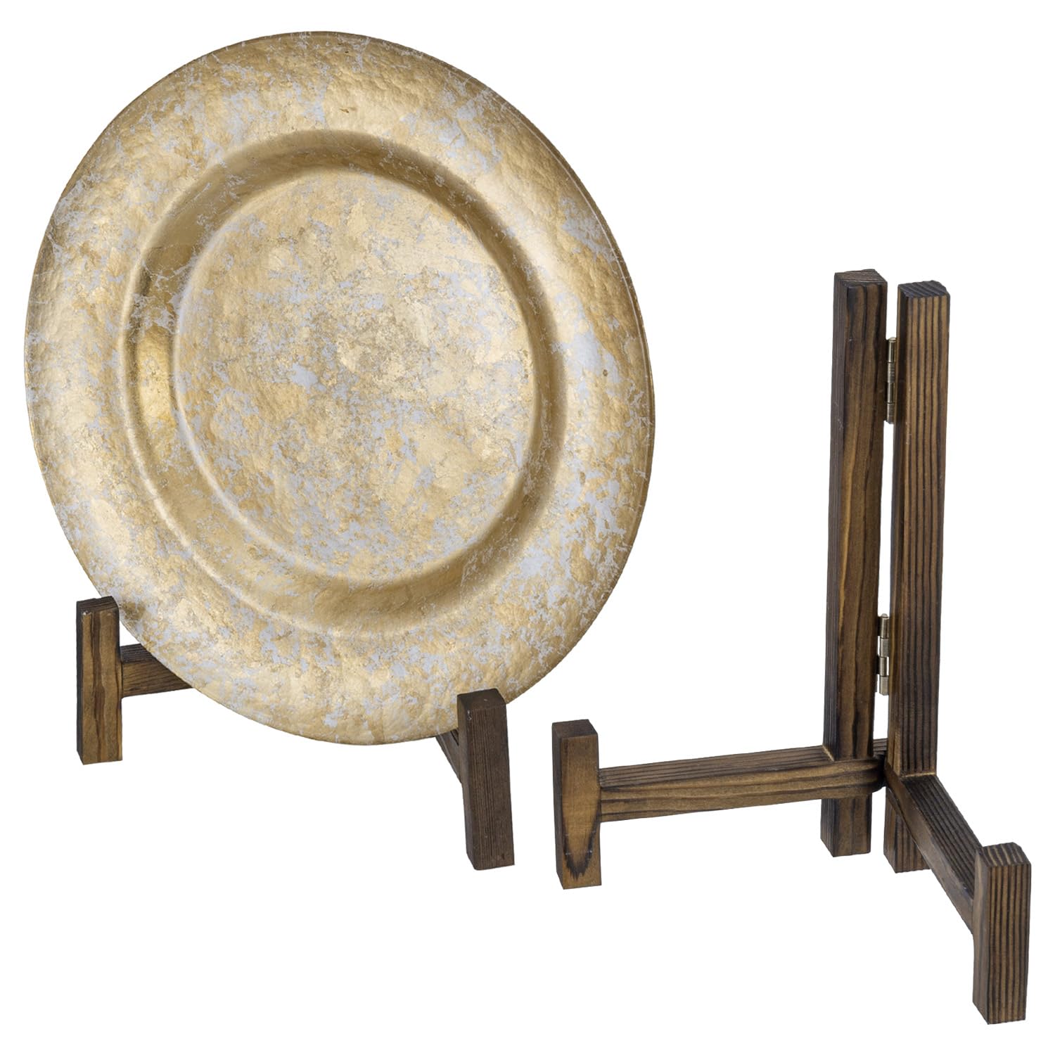 Photo 1 of MyGift 11 Inch Plate Display Stands, Rustic Burnt Solid Wood Tabletop Racks for Collectible Plates or Saucers, Folding Picture Frame Holder Easels, Set of 2