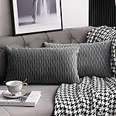 DEZENE Grey Striped Decorative Pillow Cases: 2 Pack 12x20 Inch Original Velvet Rectangular Throw Pillow Covers for Farmhouse Couch
