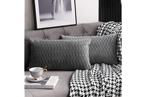 DEZENE Grey Striped Decorative Pillow Cases: 2 Pack 12x20 Inch Original Velvet Rectangular Throw Pillow Covers for Farmhouse Couch