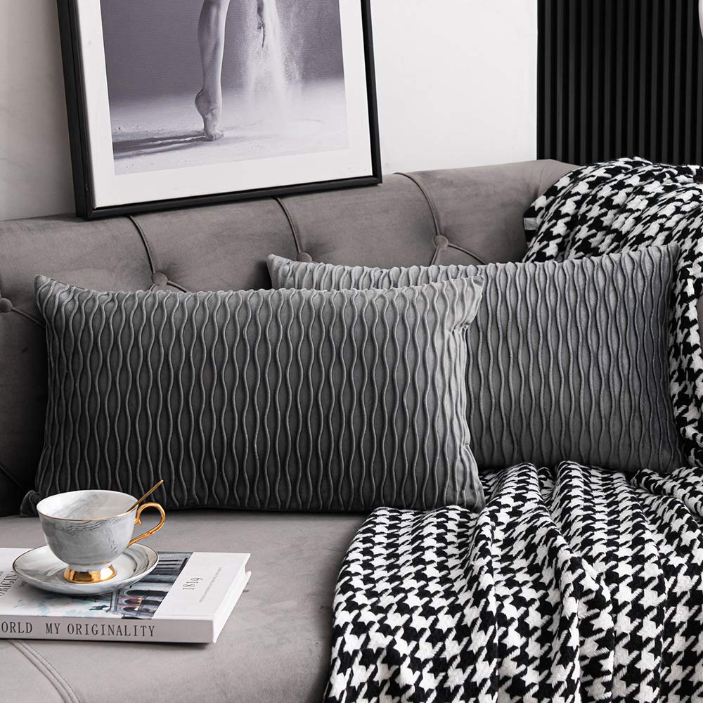 Photo 1 of DEZENE Grey Striped Decorative Pillow Cases: 2 Pack 12x20 Inch Original Velvet Rectangular Throw Pillow Covers for Farmhouse Couch