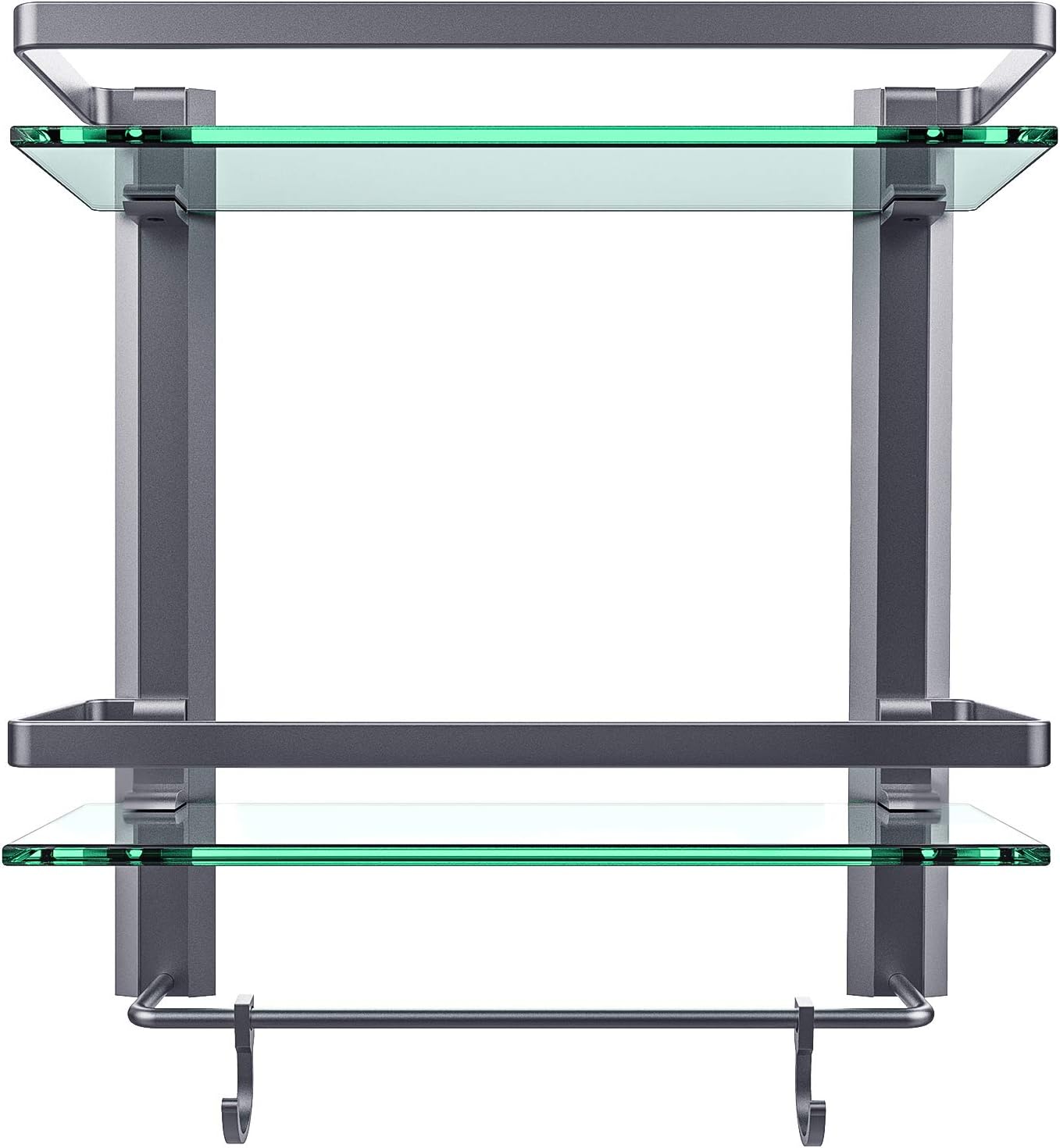 Vdomus Tempered Glass Bathroom Shelf, 2 Tier Shelf with Towel Bar Wall Mounted Shower Storage15.2 by 5 inches, Brushed Silver Finish (2 Tier Glass Shelf): Kitchen & Dining