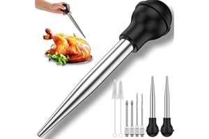 BXUYAOXMC Turkey Baster Set of 8 Stainless Steel Turkey Baster Syringe Meat Marinade Injector Needle with 4 Needles Silicone Bulb and Cleaning Brush Meat Baster for Kitchen Cooking