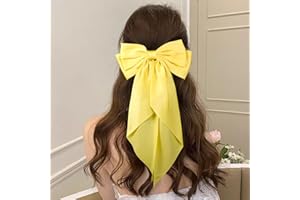 BVIIE Yellow Long Tail Bow Hair Ties, Classy Women Girl Hair Styling Accessories, 90s Vintage Big Satin French Style Headdress Decor, Gift Hair Bows Spring Clip for Mom Teen Toddler Girl Stuff