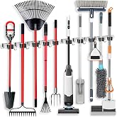 IMILLET 2 Pack Broom Holder Wall Mount Stainless Steel Mop Organizer | 5 Racks 4 Hooks Heavy Duty Garage Organization Storage,Broom and Mop Organizer Wall Hanging Self Adhesive for Laundry Room