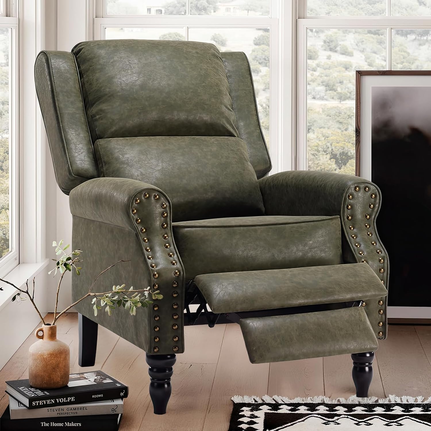 Photo 1 of Trygoal Leather Recliner Chair, Pushback Recliner Chair with Overstuffed Arms Lumbar Support, Mid Modern Pushback Recliners Chair with Adjustable Backrest Footrest for Reading, Living Room, Green