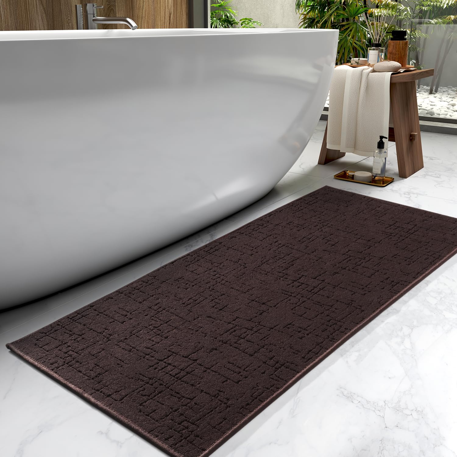 Photo 1 of AMOAMI-Bath Mat-Absorbent Quick Dry Bathroom Floor Mats-Washable Rubber Backing Bath Mats for Bathroom Rugs Fit Under Door-Bath Rug for in Front of Sink Bathtub Shower Room, Brown 24''x70''