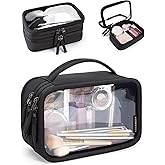 BAGSMART Double Layer Clear Makeup Bag, TSA-Approved Toiletry Bag, Large Opening with Handle, Cute Water-Resistant Travel Cosmetic Bag with Double Zipper for Car Essentials(Black)