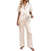 Ekouaer Womens Satin Pajama Sets Silky Tie Front Ruffle Pjs Sets Sleepwear