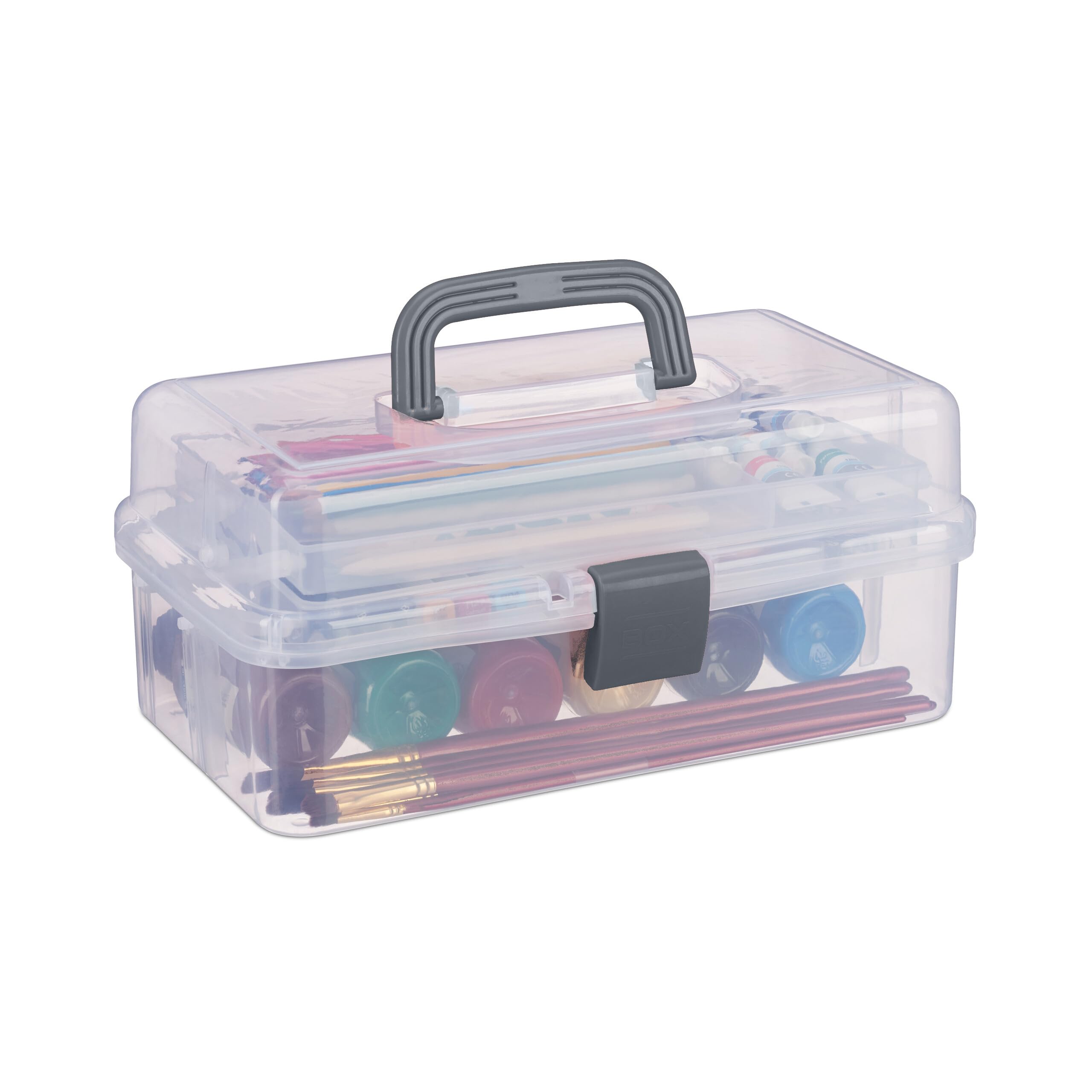 Relaxdays Storage Box with 9 Compartments, Sorting for Craft & Art Supplies, Sewing Kit, 14.5 x 33 x 19 cm, Clear/Grey