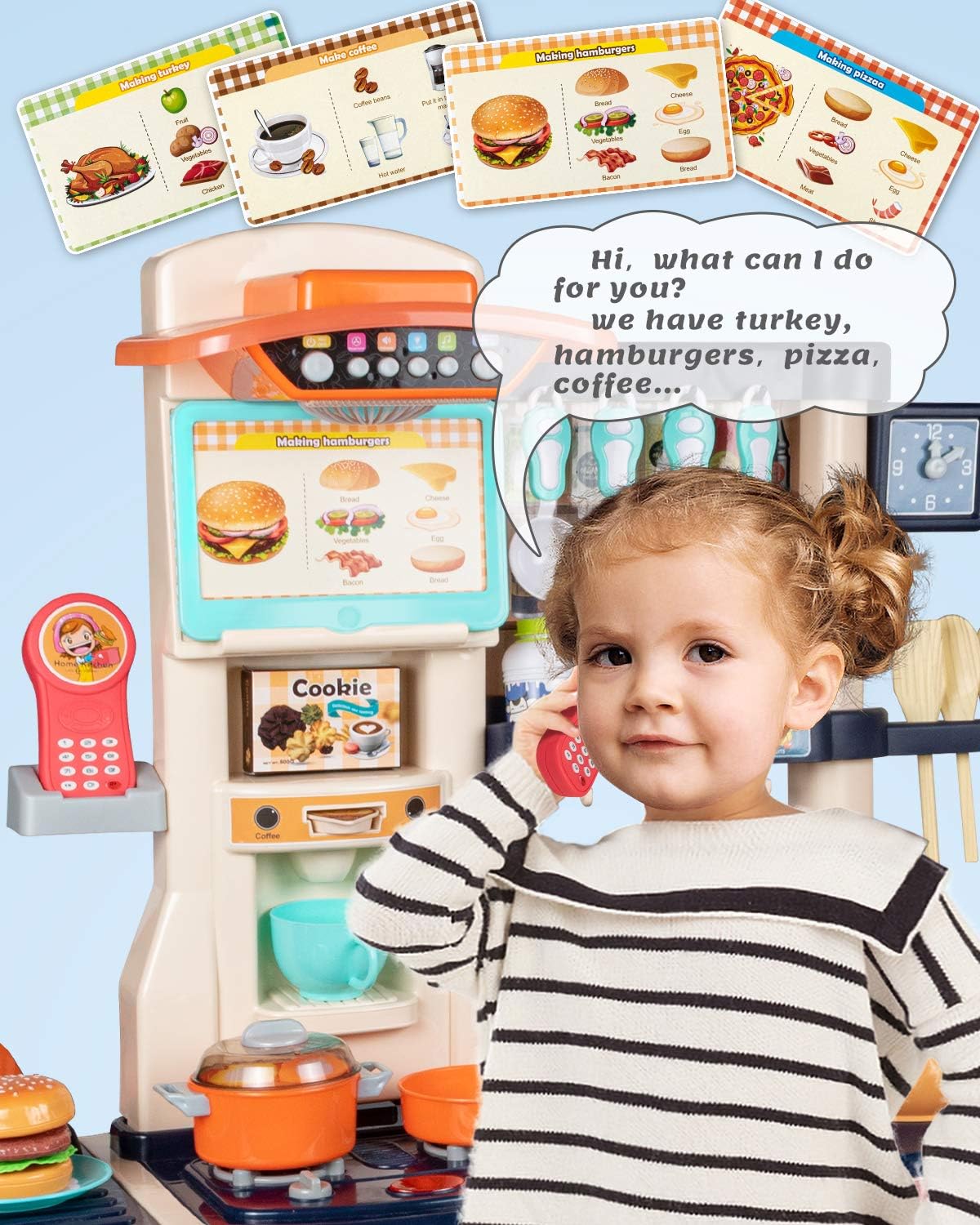 UNIH Toys for Kids Play Kitchen Pretend Kitchen Playset Toddler Toy with Realistic Lights & Sounds,Play Oven & Sink,Coffee Toy Set,Kids Phone and Other Kitchen Accessories Blue Toys for Girls and Boys: Toys & Games