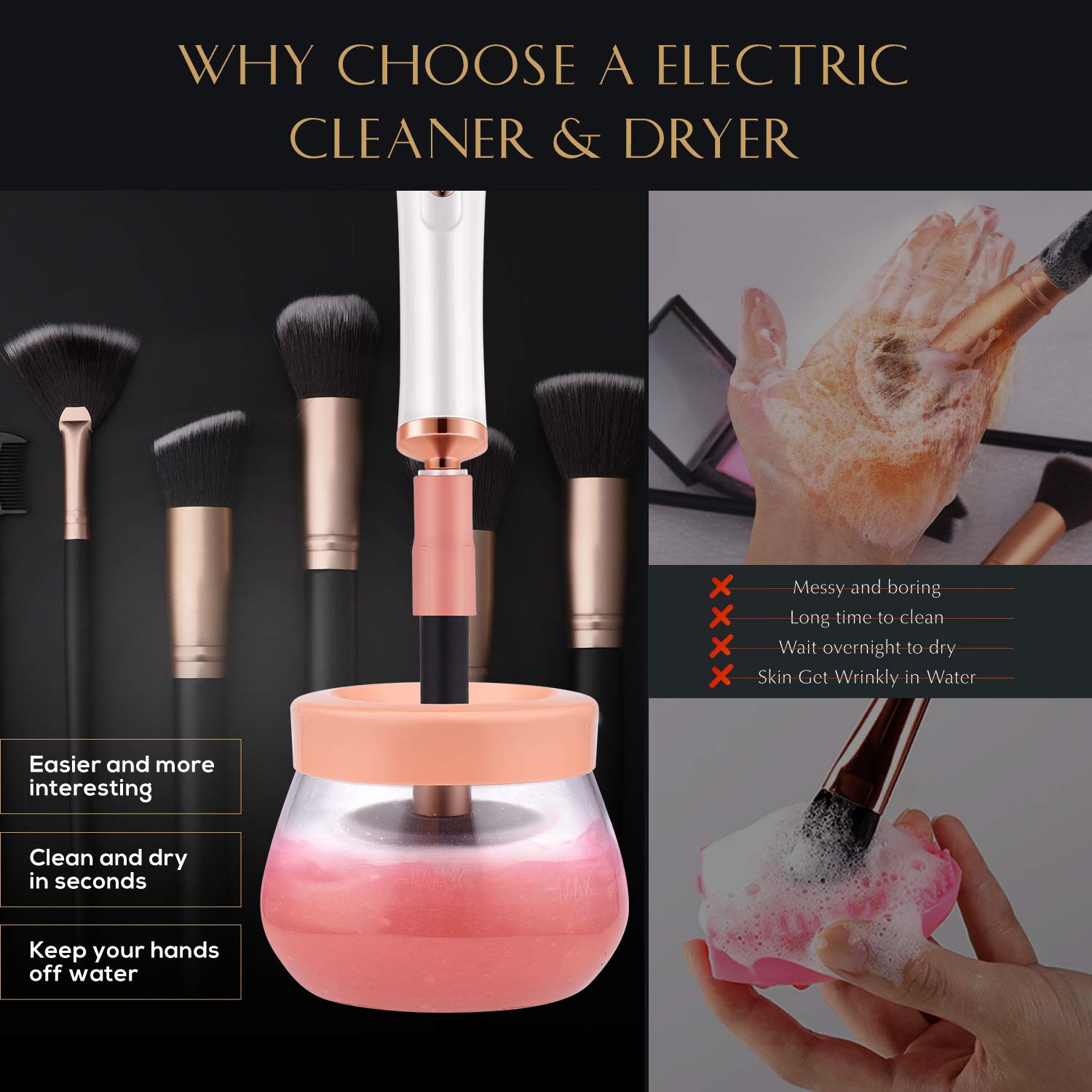 Upgraded Makeup Brush Cleaner and Dryer Machine, Electric Automatic Cosmetic Brush Spinner Fast Wash and Dry Makeup Brushes, Brush Cleaner with 8 Size Rubber Collars and 1 Brush Cleaning Mat: Beauty
