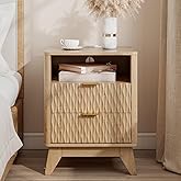 Cooday Fluted Nightstand with Charging Station, 18" Modern End Table with Storage Drawers, Bedside Table for Bedroom, Natural Oak(1 Piece)