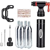CXWXC CO2 Inflator with 4 x 16g CO2 Cartridges & Tubeless Tire Repair Kit - Presta/Schrader Valve Compatible - Bicycle Tire Pump for Road and Mountain Bikes
