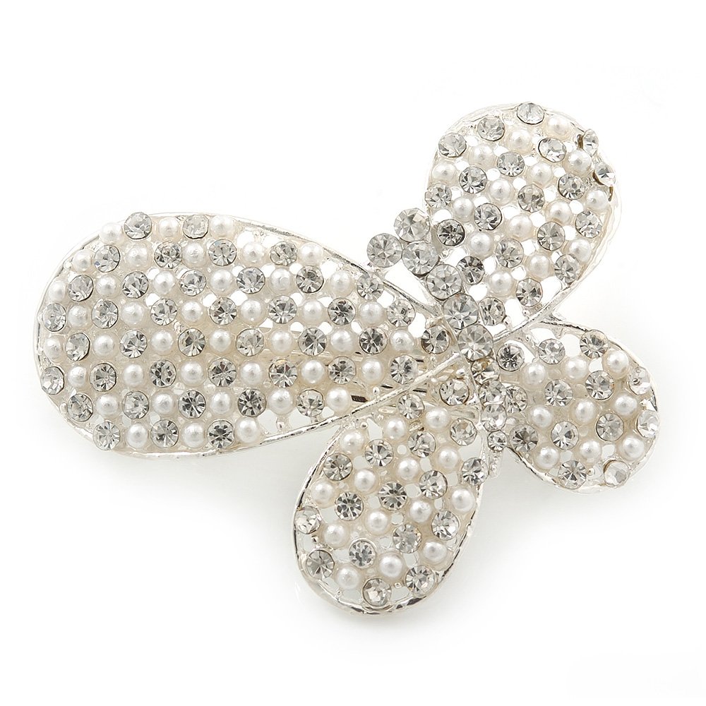 Bridal Wedding Prom Silver Tone Simulated Pearl Diamante 'Asymmetrical Butterfly' Barrette Hair Clip Grip - 60mm Across