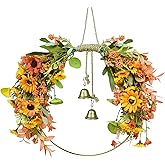 Thanksgiving Fall Leaves Wreaths for Front Door Fall Half Wreath with Bell Artificial Falls Sunflowers Wreath with Mixed Leaves, Autumn Hoop Wreaths for Window Home Wall Farmhouse Outdoor Indoor Décor