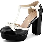 Allegra K Women's Platform Bow t Strap Chunky Heels Pumps