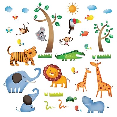 Amimagen Jungle Baby Animals Wall Stickers – Elephant, Lion, Tiger, Giraffe Nursery Wall Decals