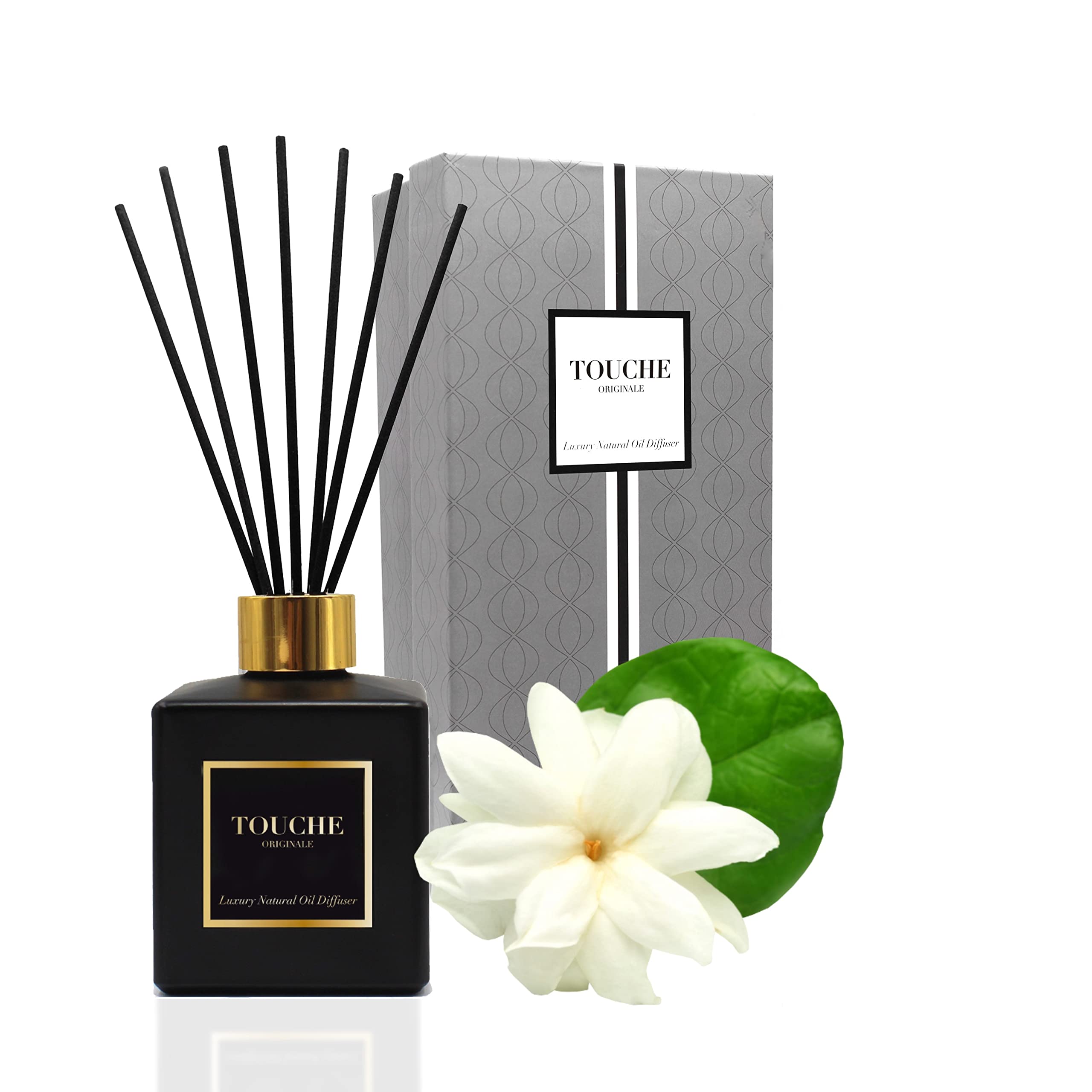 Luxury Natural Reed Diffuser. Relaxing Sandalwood & Jasmine. Long Lasting Scented Home Fragrance. Natural Essential Oil Alcohol-Free. 140ML - Black Bottle