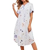 Kabento Nightgowns for Women Soft Cotton Short Sleeve Botton Night Gowns Long Sleepwear with Pockets