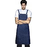 Zalbuqu Denim Apron Navy Blue Adjustable Cross-Back Straps with Metal Grommets Full Length Kitchen Workshop Utility Wear Apron and Temporary Tattoo