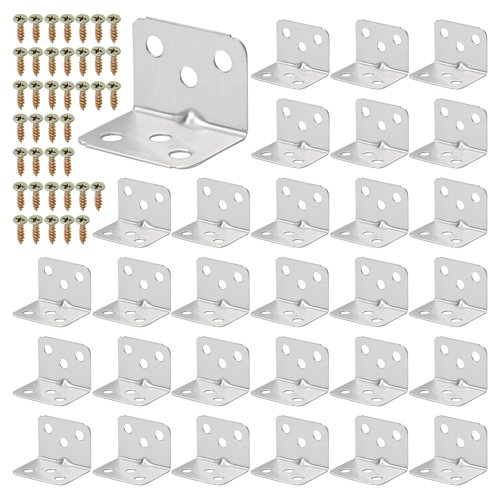 30 Pices Stainless Steel L Shape Corner Brackets, Right Angle Bracket for Wood Furniture Fixation with 120 Screws, Metal 90 Degree Corner Brace Plate Fastener (Silver 36 x 27mm)