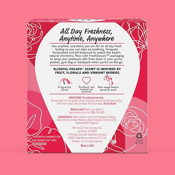 SUMMER’S EVE BLISSFUL ESCAPE DAILY REFRESHING FEMININE WIPES, REMOVES ODOR, PH BALANCED, 12 COUNT, 1 PACK