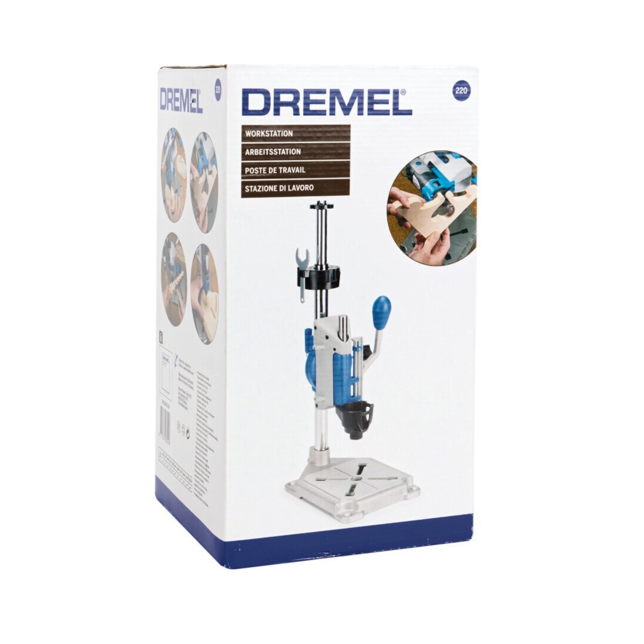 Dremel 220 Bohr-und Werkzeugständer für Multifunktionswerkzeug Stationäre Arbeite Vertikal oder im Winkel Bohren, Einstellbar in 15-Grad-Schritten, Integrierter Teleskop-Werkzeugständer 7