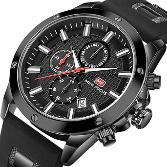 MINI FOCUS Stylish Men Sport Quartz Wrist Watch Black Waterproof Chronograph with Date Display