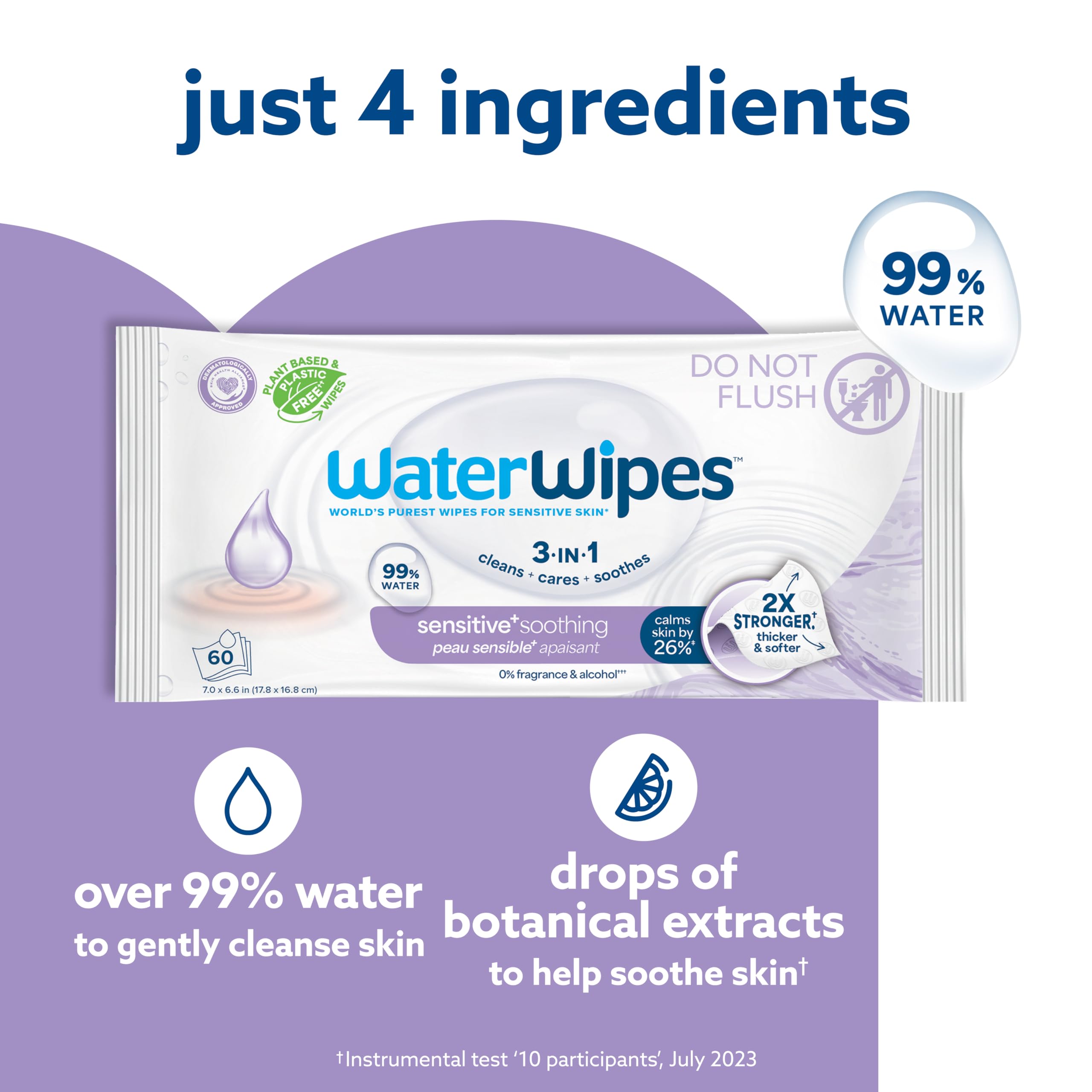 WaterWipes Sensitive+ Soothing Wipes, 3-In-1 Cleans, Cares, Soothes, 99% Water with Botanical Extract, Unscented & Hypoallergenic Baby Wipes, 360 Count (6 Packs)