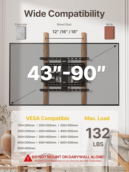 MONTEK ULTRA SLIM TV WALL MOUNT FOR 43-90 INCH TVS | 1.1″ THIN LOW PROFILE FULL MOTION BRACKET | DUAL SWIVEL ARTICULATING ARMS WITH TILT | MAX VESA 600X400MM | HOLDS 132LBS | FITS 16″/18″ STUDS